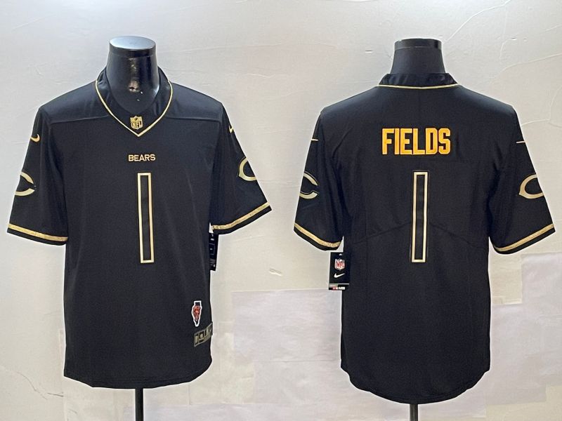 Men Chicago Bears #1 Fields Black Gold Throwback 2024 Nike Limited NFL Jersey style 2